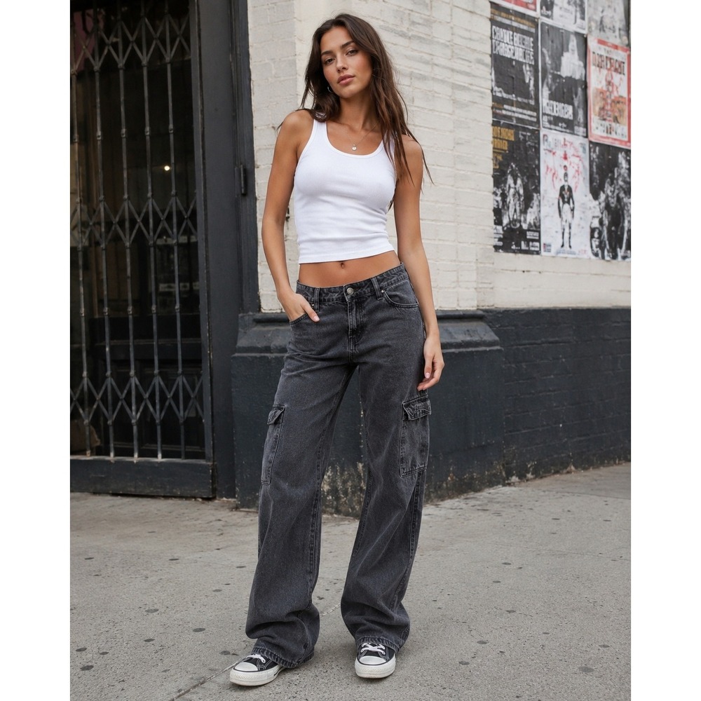Hollister Low Rise Baggy Cargo Jeans Womens 4R W27 Black Cotton Wide Leg Y2K